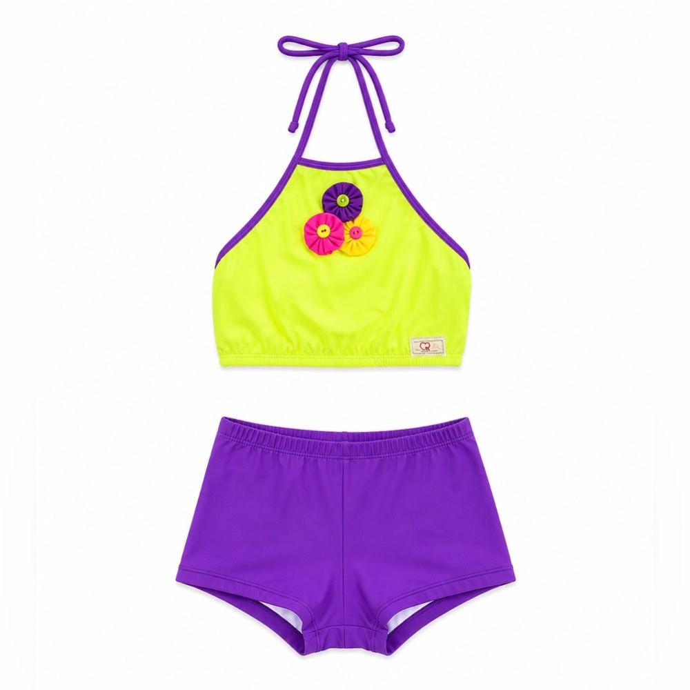 Girls' Neon Lime Halter Bikini Top with Purple Swim Shorts